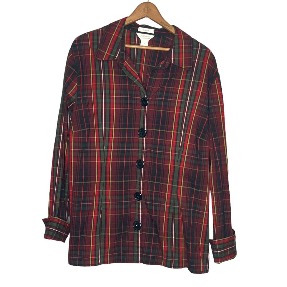 CJ Banks 2X Red Green Plaid Snap Button Front Stretch Cotton Blend Top Plus